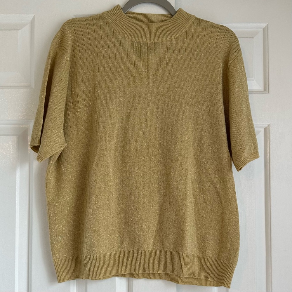 Sag Harbor Gold Metallic Mock Neck Short Sleeve Sweater